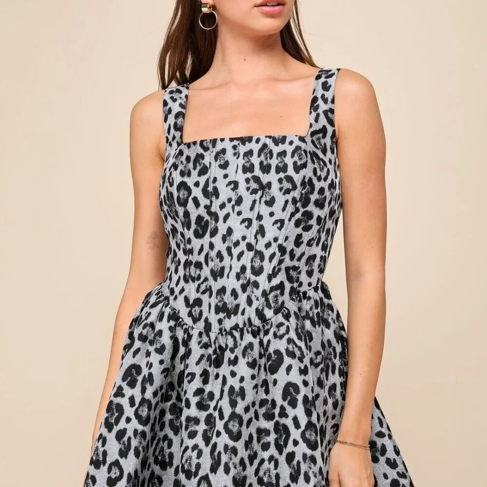 Lulus Untamed Cutie Grey Leopard Jacquard Bustier Mini Dress - Size XS